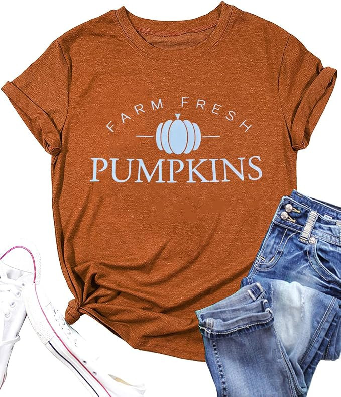 Farm Fresh Pumpkin T Shirt Women Cute Pumpkins Fall Shirt Thanksgiving Short Sleeve Graphic Tees ... | Amazon (US)