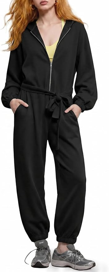 Fisoew Womens Long Sleeve Jumpsuits Tie Waist Zip Up Hoodie Sweatshirt Jogger Sweatpants Workout ... | Amazon (US)