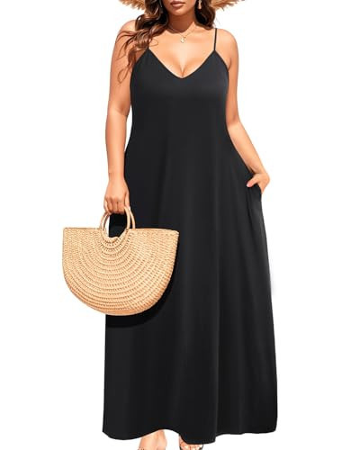 Pinup Fashion Women's Summer Maxi Dress Plus Size Sleeveless Spaghetti Strap Beach Long Dresses Black | Amazon (US)