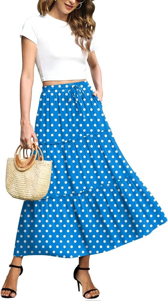 POPYOUNG Women's Boho Elastic High Waist A Line Maxi Skirt with Pockets Casual Ruffle Midi Dresse... | Amazon (US)