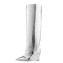Liquid Metallic Knee High Boots Pointed Toe Shiny Chrome Wedge Heel Boot PullOn Tall Boots | SHEIN