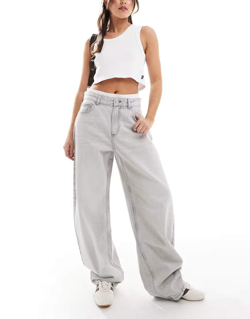 Bershka wide leg barrel jeans in light grey | ASOS (Global)