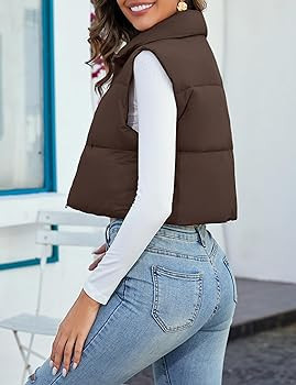 Kissonic Women's Padded Down Vest Puffer Stand Collar Zip Up Crop Sleeveless Jacket | Amazon (US)