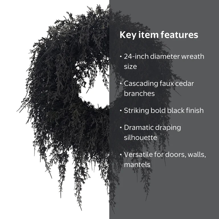 My Texas House Halloween Drapey Faux Cedar Wreath, Black, 24" | Walmart (US)