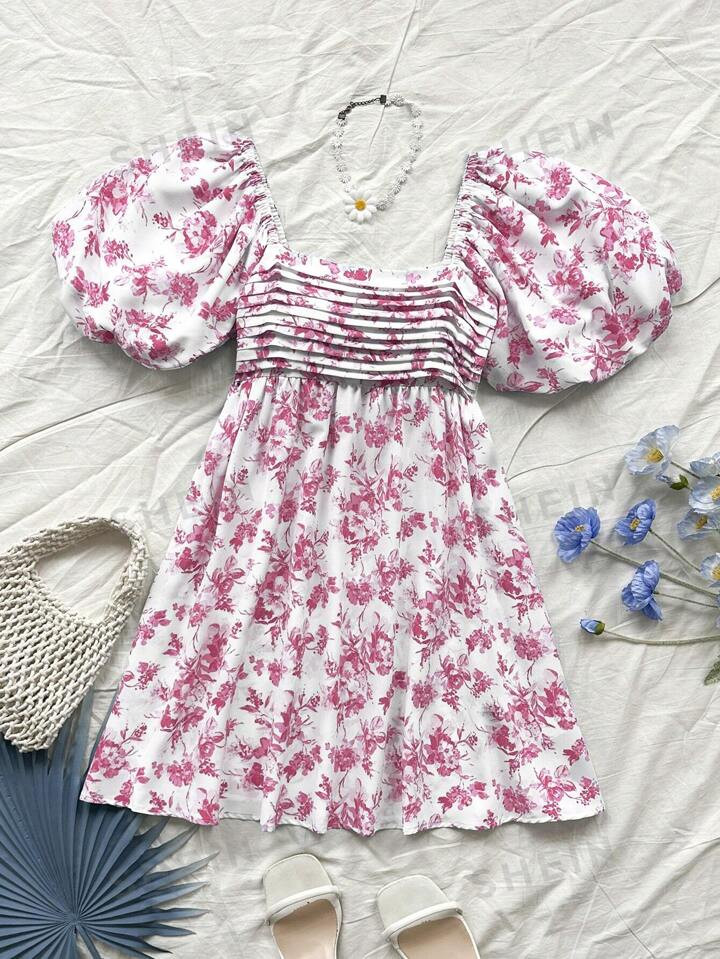 SHEIN WYWH Holiday Blue And White Floral Dress With U-Neck, Puff Sleeves And A-Line Dress | SHEIN