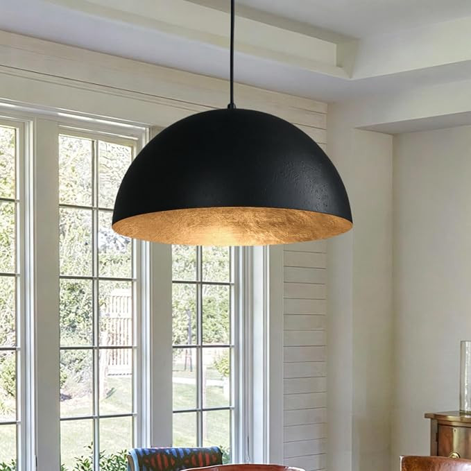 15 Inch Black and Gold Leaf Pendant Light, Grainy Matte Black Dome Chandelier with Hand-Applied G... | Amazon (US)