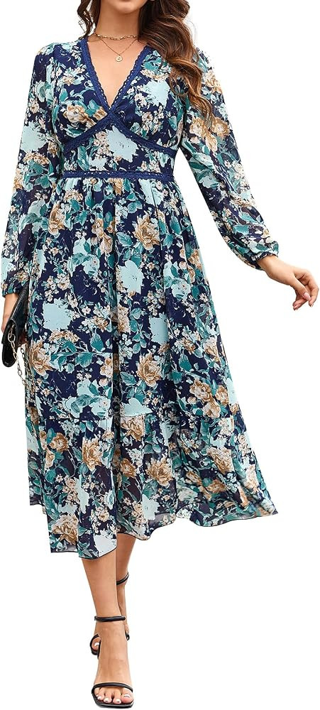Women's Spring Wrap Maxi Dress Floral V Neck Long Sleeve Wedding Guest Party Casual Chiffon Dress | Amazon (US)