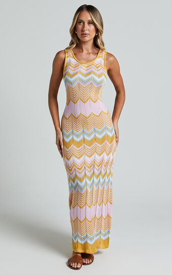 Shankie Midi Dress - Scoop Neck Sleeveless Bodycon Dress in Pink and Gold | Showpo (ANZ)