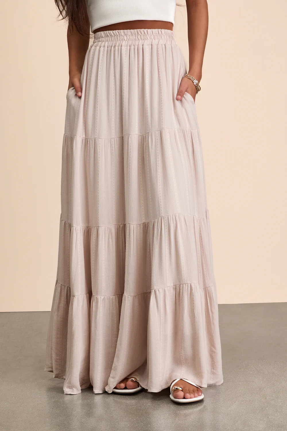 Sunset by the Sea Light Beige Embroidered Tiered Maxi Skirt | Lulus