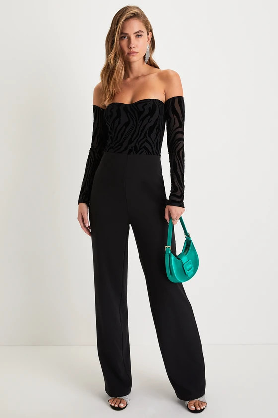 Stunning Occasion Black Burnout Velvet Off-the-Shoulder Jumpsuit | Lulus