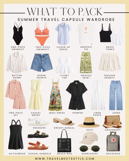 Sharing the ultimate summer travel wardrobe capsule for every adventure on the blog. Visit www.travelmeetsstyle.com for more details! 


One piece swimsuit, bikini, blue and white striped tunic, aperol spritz graphic tee, basic ribbed tanks, striped button down, Abercrombie denim shorts, eyelet tops midi skirt, linen trouser shorts, striped two piece set, yellow sundress, tropical maxi dress, black romper, linen cargo pants, abercrombie relaxed jeans, tennis dress 

#LTKtravel #LTKstyletip
