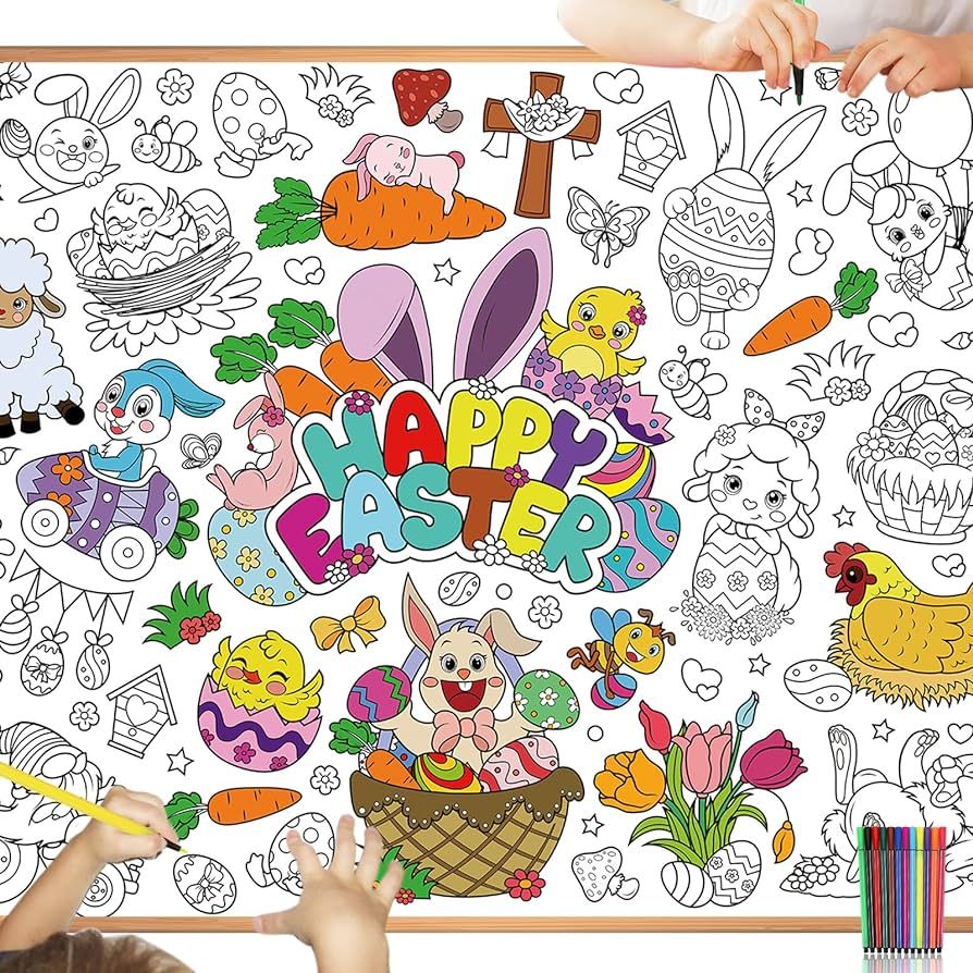 HOWAF Giant Easter party Supplies Coloring Bunny Activity Poster Tablecover with 24 pcs (12 Color... | Amazon (US)