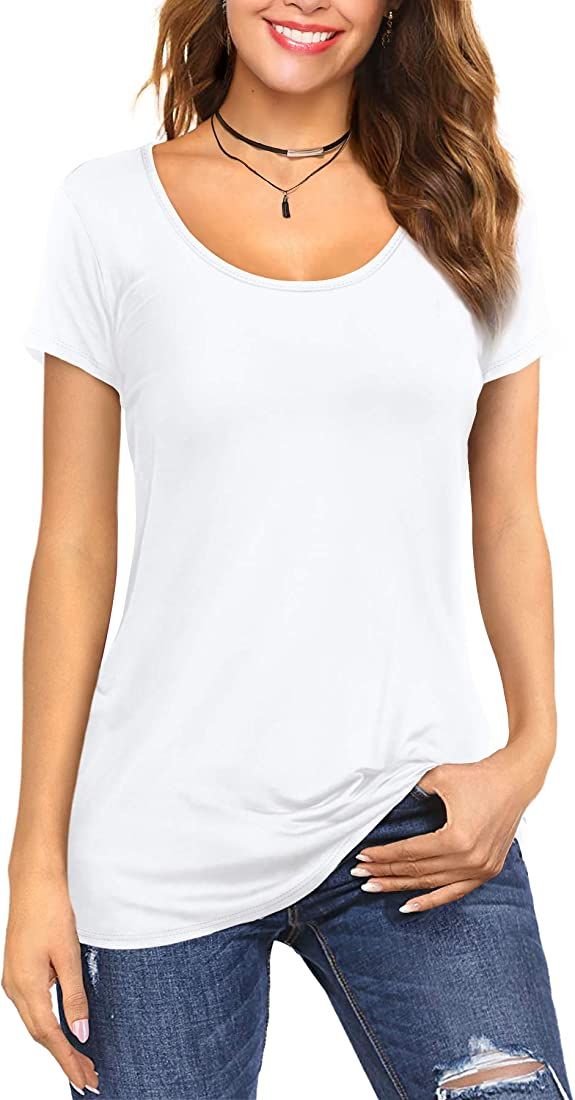 Amoretu Women's Scoop Neck Short/Long Sleeve Tees Cotton T Shirts Blouses Tops | Amazon (US)