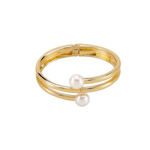 Decixde Pearl Bangle Bracelet for Women Chunky Pearl Gold Bangle Opened Bracelet Minimalist Cuff Bracelet for Women (2 pearl) | Amazon (US)