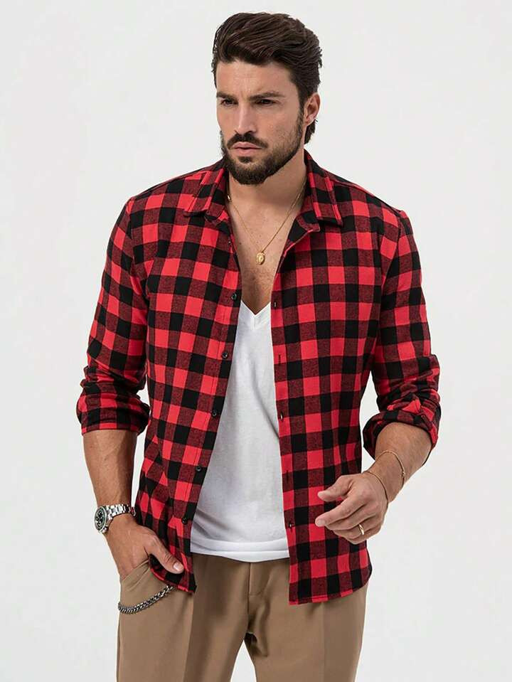 Men's Plaid Button-down Long Sleeve Shirt | SHEIN