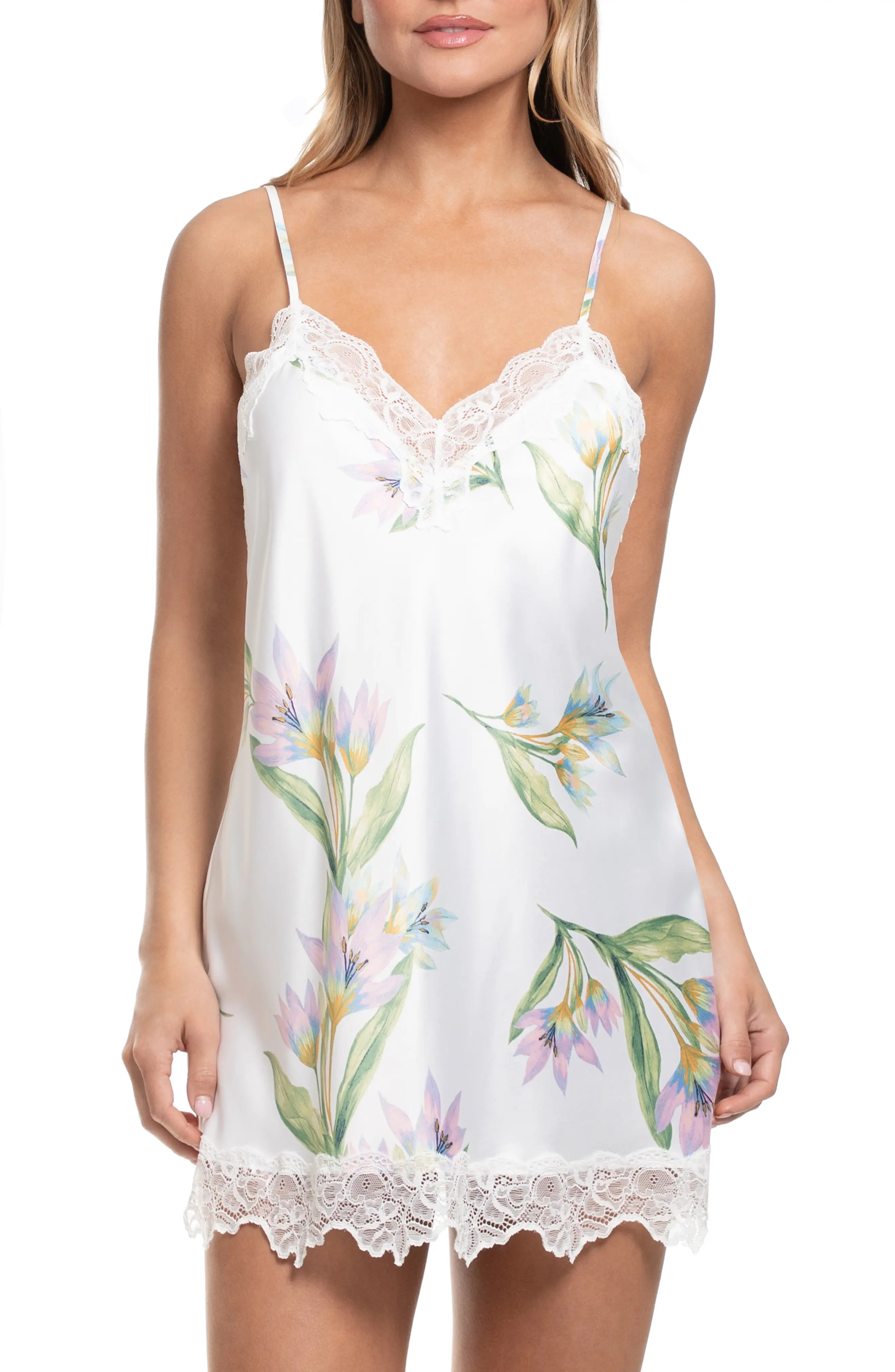 In Bloom by Jonquil Elyse Lace Trim Print Satin Chemise (Women) | Nordstrom | Nordstrom