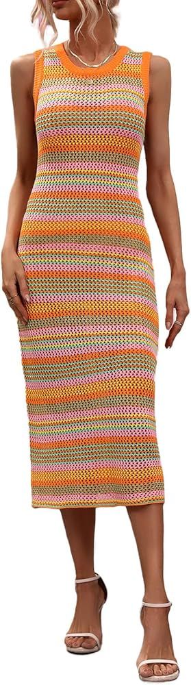 Women Crochet Striped Long Dress Bodycon Knitted Midi Dress Sleeveless Round Neck Long Tank Dress | Amazon (US)