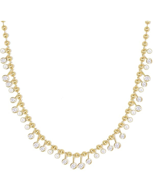 KissYan Cubic Zirconia Charm Necklace for Women, 14K Gold Plated Beaded Chain Rainbow White CZ Ne... | Amazon (US)