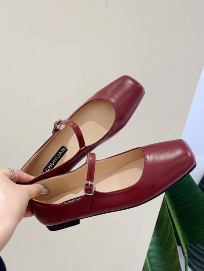 French Style Mary Jane Shoes Women Flat Retro Square Toe Shallow Mouth Ankle Strap Fairy Large Si... | SHEIN