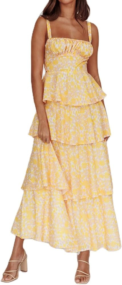 ABYOVRT Women Floral Maxi Dress Sleeveless Bow Back Tiered Boho Flowy Long Dresses Summer Fall | Amazon (US)