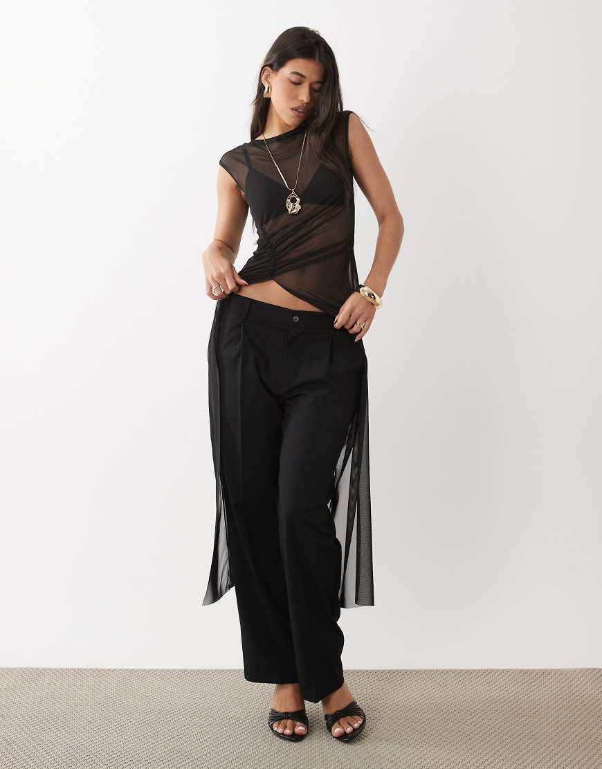 ASOS DESIGN mesh sheer draped high neck longline top with scarf detail in black | ASOS (Global)
