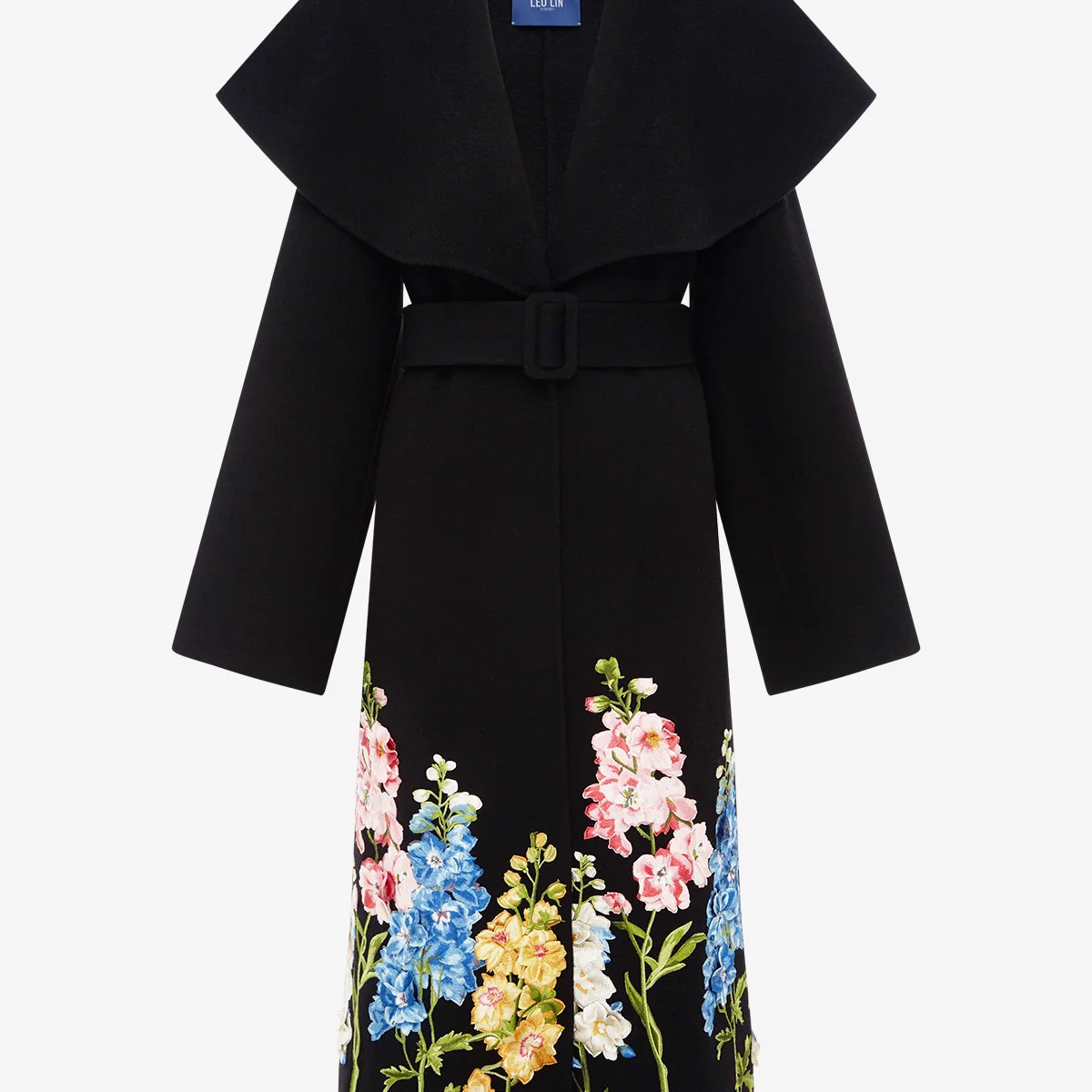 Joan Embroidered Wool Coat - Snapdragon Print in Ebony | LEO LIN US