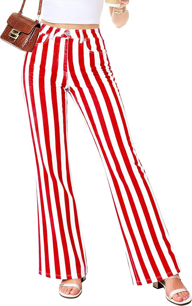 Womens High Waisted Stripes Bell Bottom Jeans Stretch Striped Flare Denim Pant | Amazon (US)