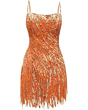 Sparkly Sequin Homecoming Dresses Spaghetti Straps Tight Short Cocktail Party Dress with Tassels ... | Amazon (US)
