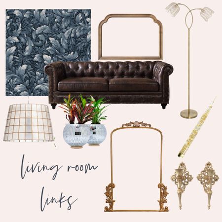 Wall paper, mirror, couch, planter, lamp, candlestick