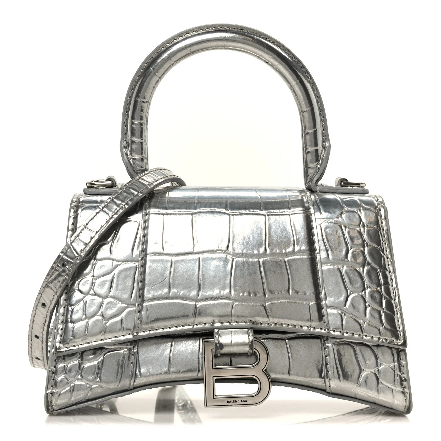 Metallic Calfskin Crocodile Embossed Hourglass Top Handle Bag XS Silver | FASHIONPHILE (US)