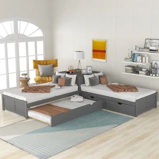 Merax L-shaped Platform Bed with Trundle, Drawers and Built-in Desk | Bed Bath & Beyond