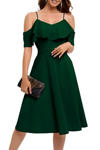Bbonlinedress Women's Christmas Holiday Cocktail Dresses, Off The Shoulder Formal Wedding Guest Bridesmaid Dresses Vintage Cocktail Prom Party Church Petite Midi Dress Dark Green XS | Amazon (US)