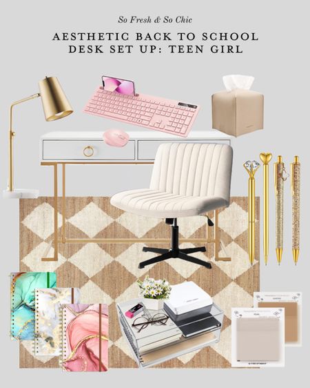 Aesthetic desk set up for teen girl back to school! Everything is from Amazon.
-
Checkered Arvin Olano rug - rugs usa jute rug - gold glitter pens - marble print notebooks - aesthetic post it notes transparent - gold and marble desk lamp - aesthetic tissue box cover - white desk with gold legs - viral TikTok amazon desk chair - criss cross desk chair - pink keyboard and mouse - acrylic desk organizer - affordable back to school decor - teen girl room decor 

#LTKhome #LTKBacktoSchool #LTKkids