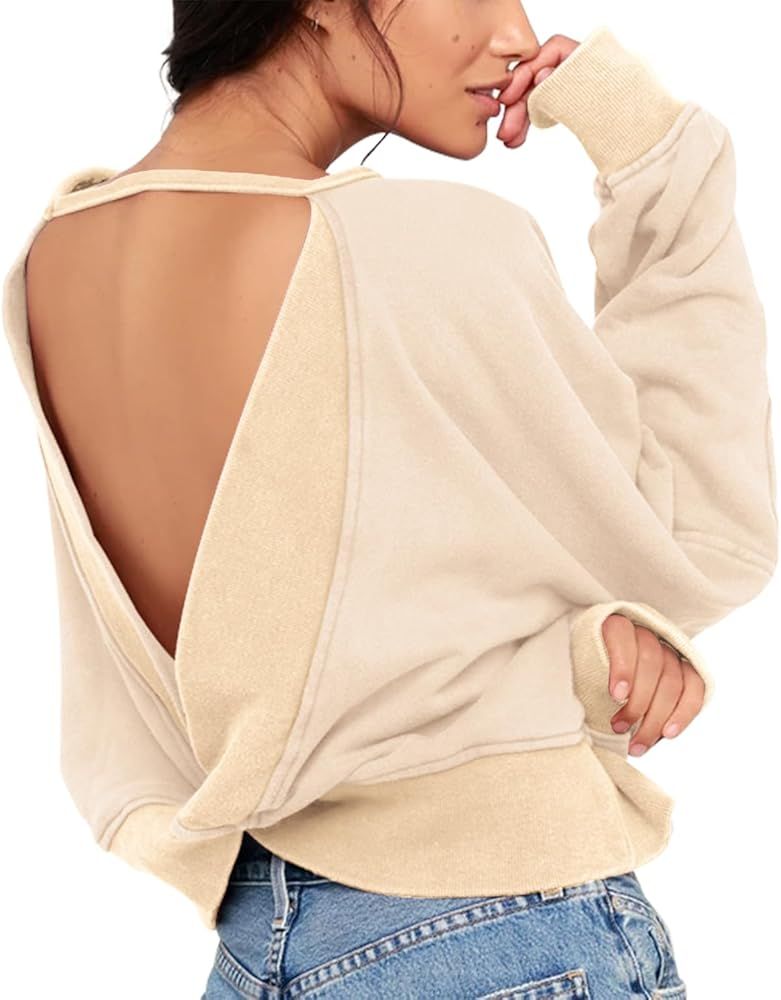 ReachMe Womens Open Back Sweatshirts Long Sleeve Backless Shirts Crop Off Shoulder Crewneck Worko... | Amazon (US)