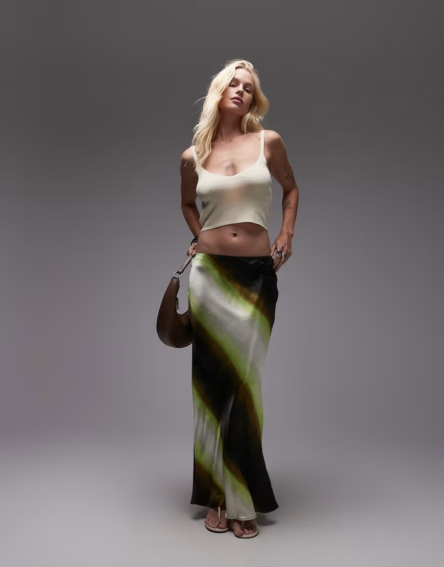 Topshop satin bias maxi skirt in lime ombre stripe-Green | ASOS (Global)