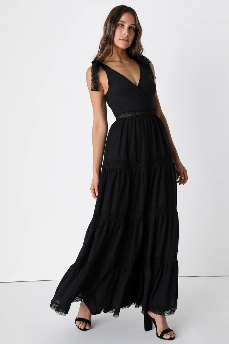Lovely Imaginings Black Tiered Lace Tie-Strap Maxi Dress | Lulus (US)
