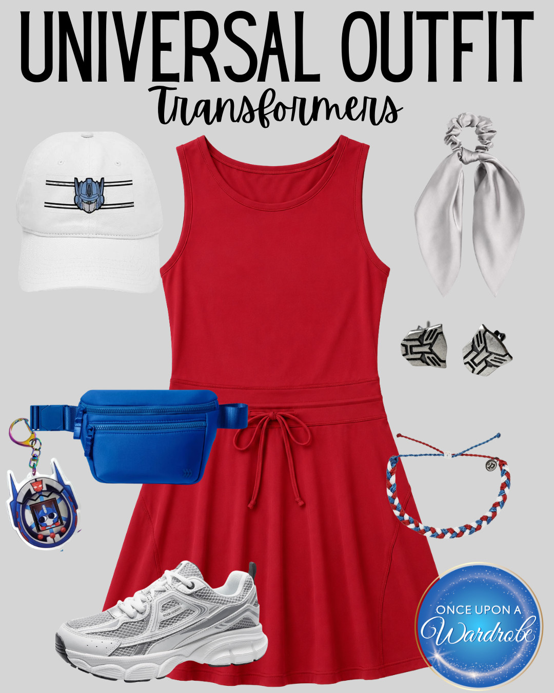 Universal Studios outfit idea inspired by Transformers! ❤️💙 This red athletic dress, white sneakers, blue belt bag, and Autobot-inspired accessories make an easy park day look for Universal Orlando, Islands of Adventure, or a full day of rides, shows, snacks, and photo ops.  

 #LTKootd #LTKTravel