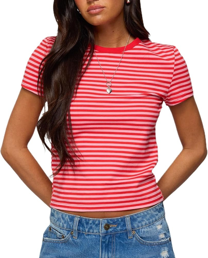Women Striped Baby Tees Short Sleeve Crew Neck Basic Fitted T Shirt Girls Cute Y2K Preppy Going O... | Amazon (US)