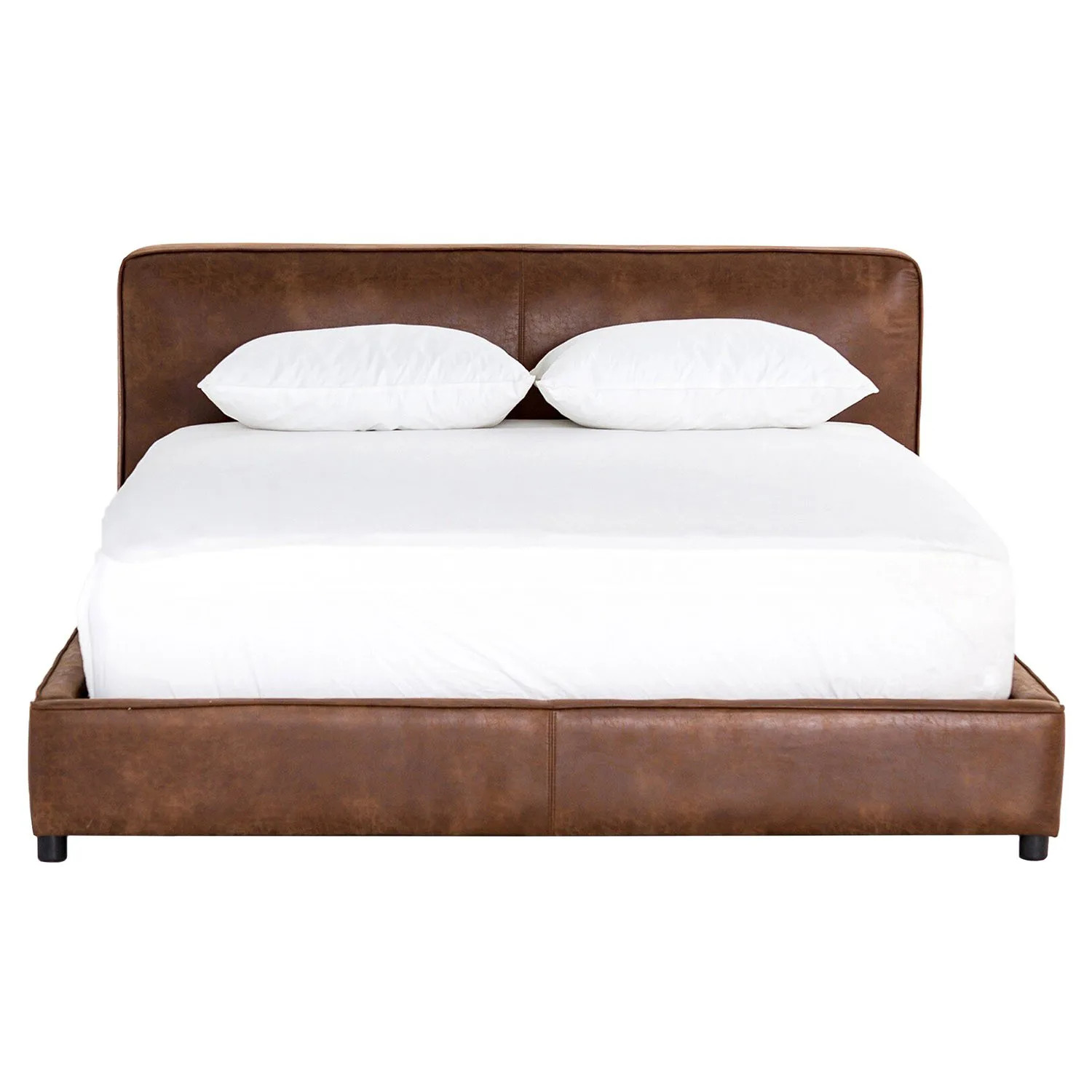 Linus Rustic Lodge Brown Upholstered Faux Leather Platform Bed - Queen | Kathy Kuo Home