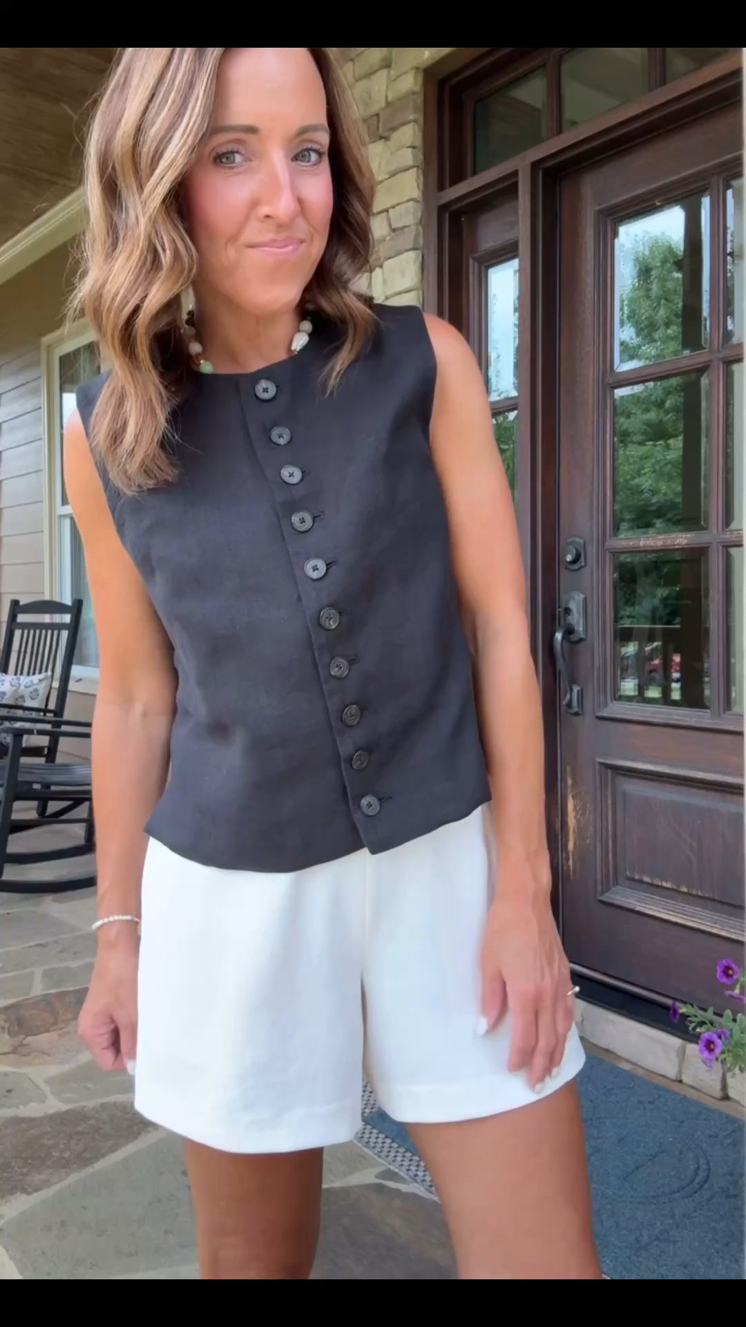 Black linen button front shell. Linen. Aritzia lodge shorts. 
Top 2. Shorts XS.

#LTKootd #LTKSeasonal #LTKOver40
