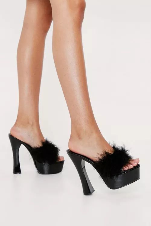 Patent Faux Leather Feather Platform Mules | Nasty Gal (US)