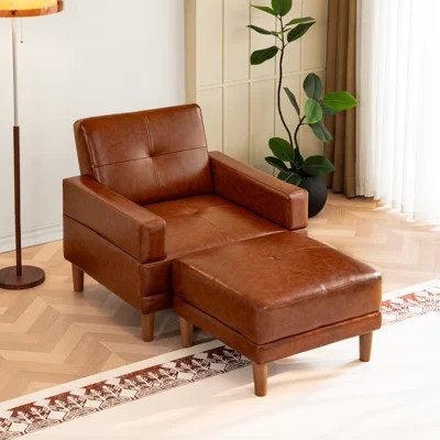 Charney Leather Accent Chair With Ottoman Set, Mid-century Modern Armchair With Footrest For Living Room, Bedroom & Apartment Lounge, Brown | Wayfair North America