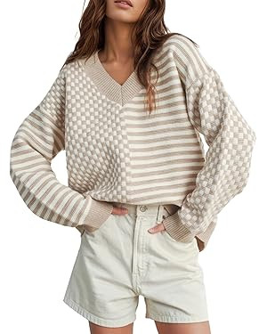 UNCLECAT Women's Striped Checkered Sweater 2025 V Neck Fall Sweaters Casual Knit Trendy Pullover ... | Amazon (US)