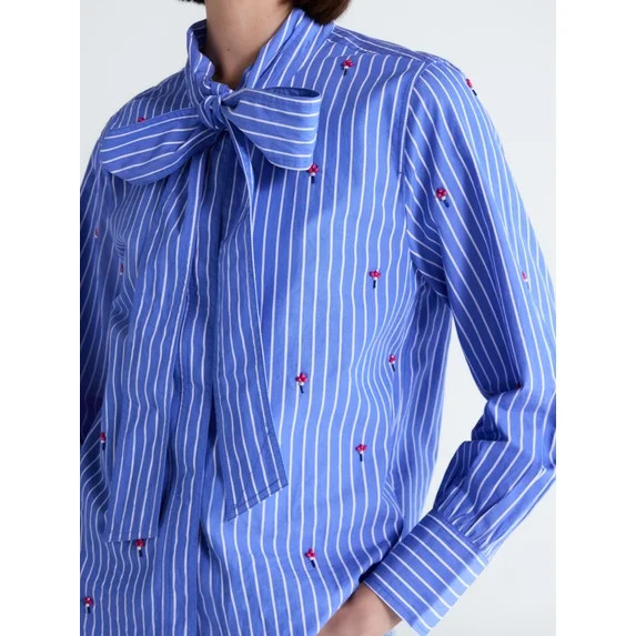 Free Assembly Women's and Women's Plus Beaded Tie Neck Cotton Shirt with Long Sleeves, Sizes XS-4... | Walmart (US)