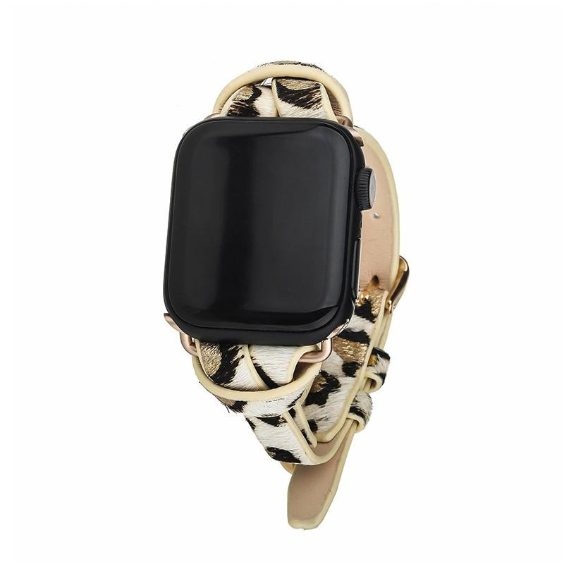 White Animal Print with Gold Accent Apple Watch Strap on Gold | Victoria Emerson