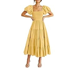 Women's Casual Summer Midi Dress Puffy Short Sleeve Square Neck Smocked Tiered Ruffle Dresses | Amazon (US)