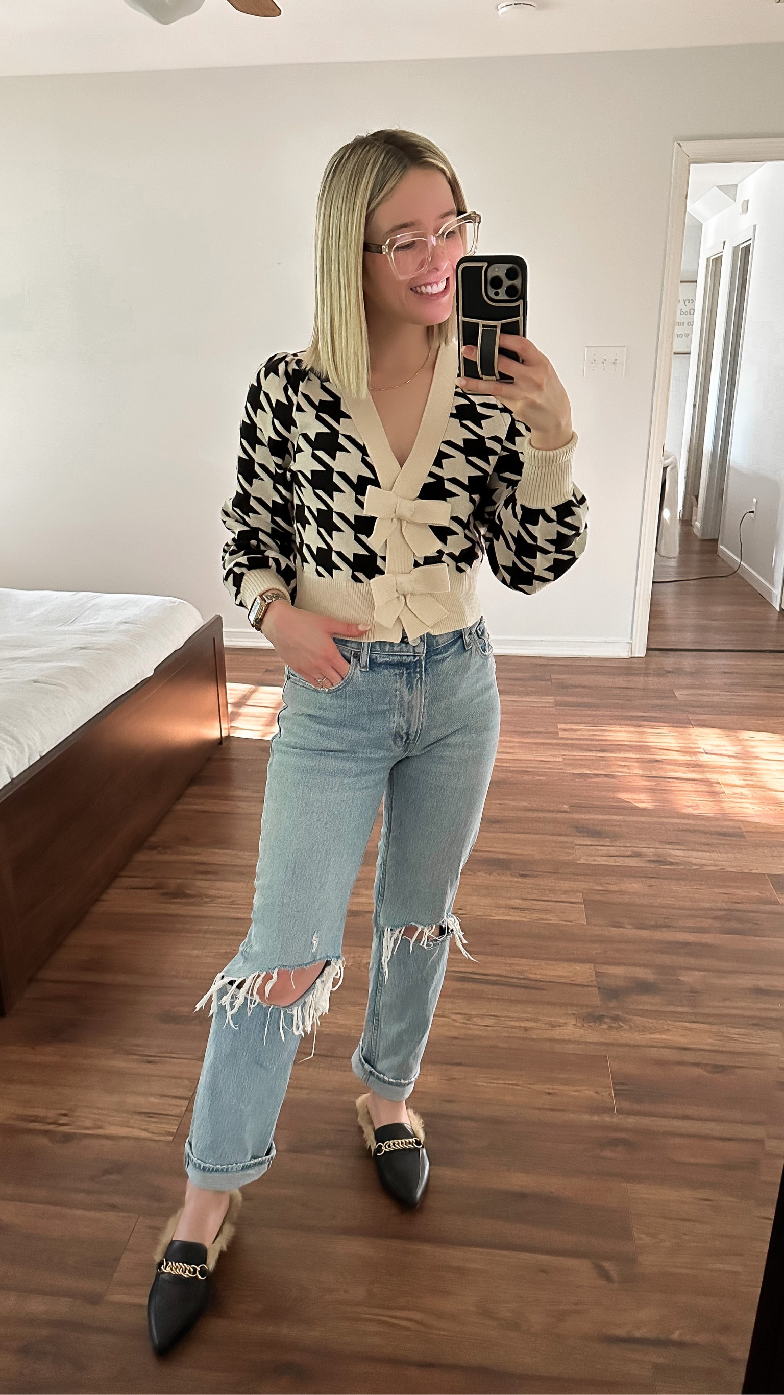 Express Houndstooth V-Neck Bow Cardigan XS. Would be a great work top with black slacks 

Abercrombie ultra high rise 90s straight jean

Steve Madden faux fur mules 

#LTKshoecrush #LTKworkwear #LTKSeasonal
