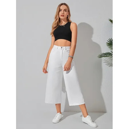 White High Waist Wide Leg Jeans Loose Fit Button Capri Pants Women‘s Denim Jeans & Clothing | Walmart (US)