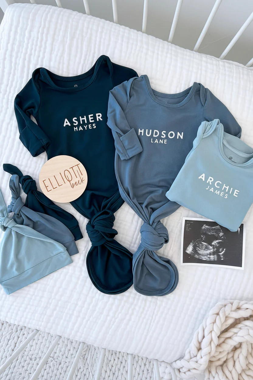 Personalized Bamboo Newborn Baby Knot Gown | River Blues - Block | Caden Lane