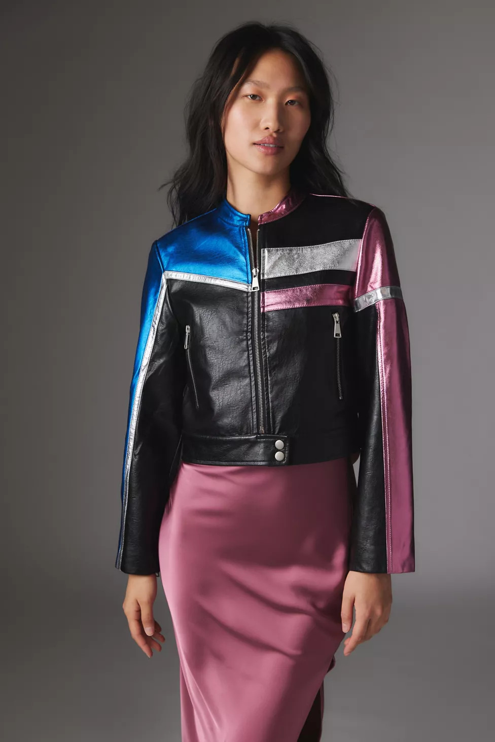 UO Snoh Faux Leather Metallic Moto Jacket | Urban Outfitters (US and RoW)